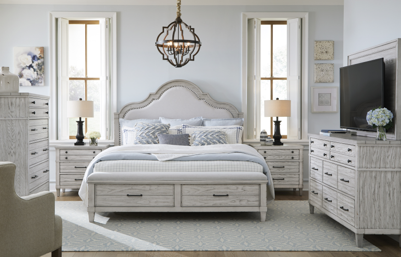 Legacy Classic Furniture | Bedroom Uph Panel Bed w/ Storage Footboard CA King 4 Piece Bedroom Set in New Jersey, NJ 11696